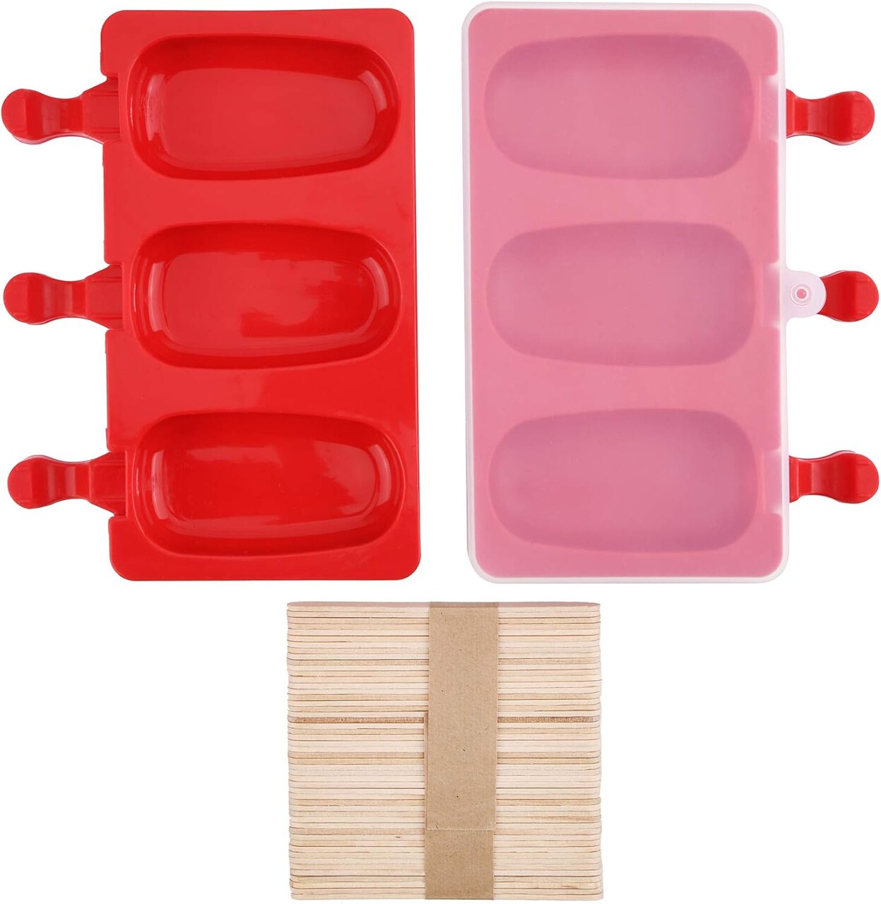 3-Cavity Silicone Popsicle Molds with Lid – Set of 2 (Oval) – BPA-Free, Homemade Ice Cream Bar & Cakesicle Molds with 50 Wooden Sticks